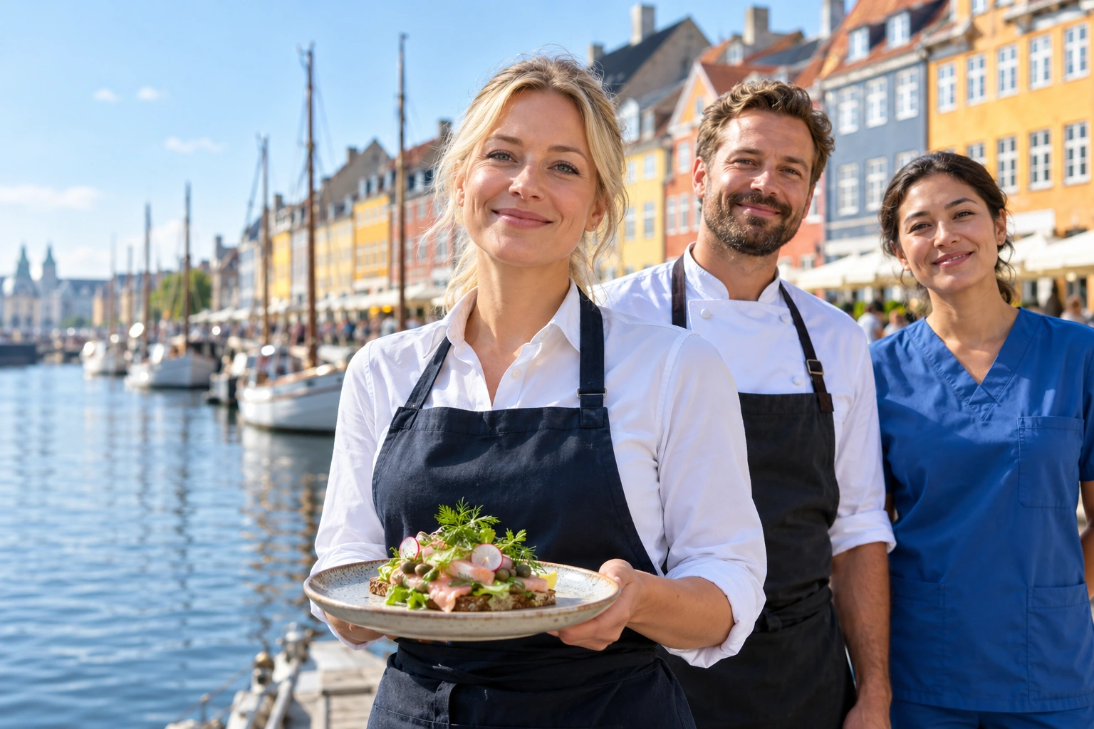 Hospitality and healthcare professionals beside Copenhagen's colourful harbour